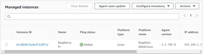 Raspberry Pi registered as a managed instance in console